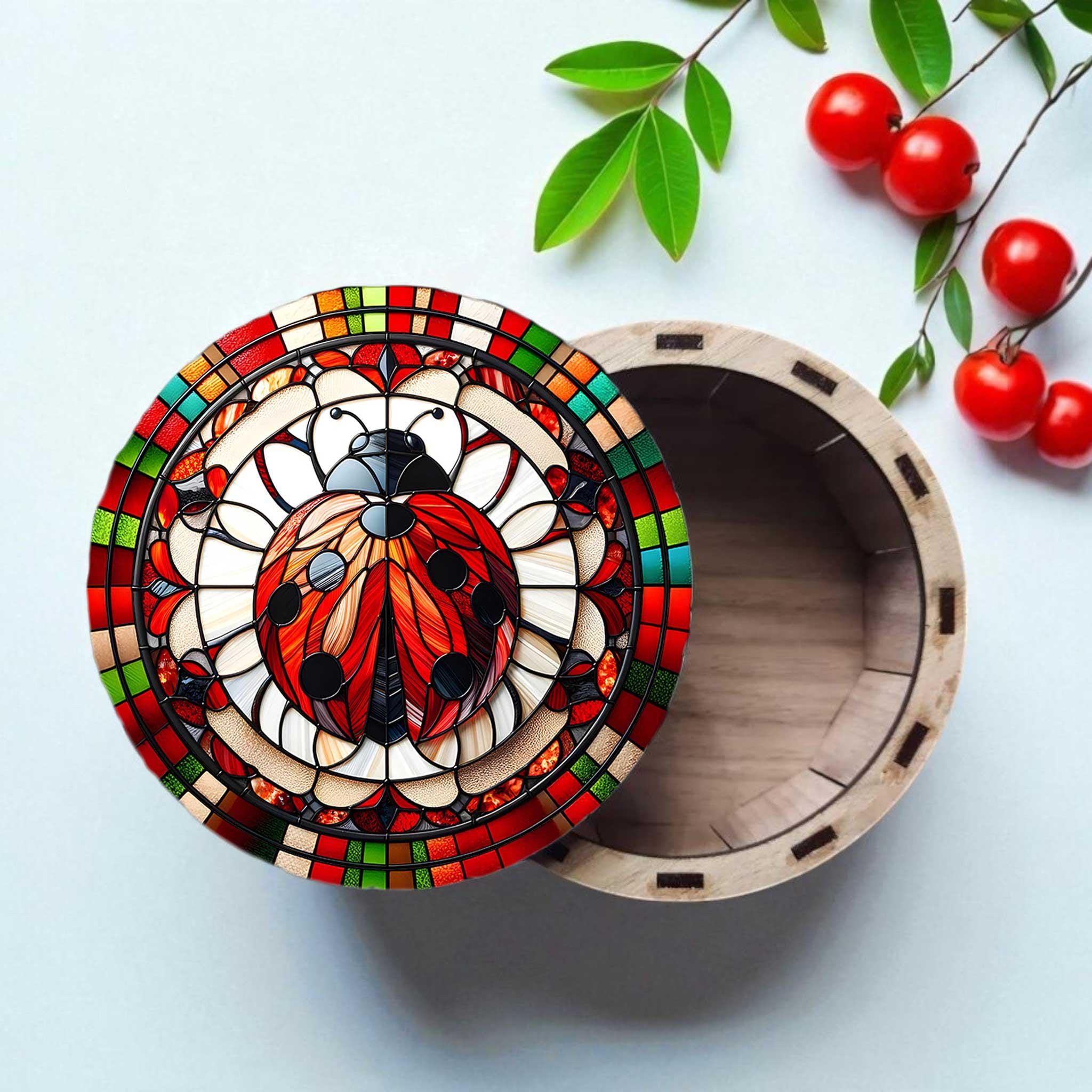 Ladybug Keepsake Gift Box - Round Wood Storage with Printed Lid 5 inch