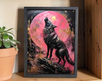 Pink Moon Wolf Wood Framed Metal Sign - Shelf Sitter or Wall Decor