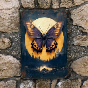 Moth Butterfly Moon Metal Sign – Celestial Forest Wall Art, 8x12 Aluminum Print
