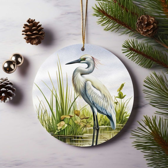 Coastal Blue Heron Egret Christmas Ornament Seaside Holiday Decor