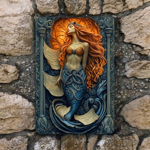 May include: A rectangular wall plaque featuring a mermaid with flowing orange hair and a blue tail. The mermaid is adorned with a seashell bra and a crown. The background has a warm, golden glow, and the plaque is framed with ornate details.