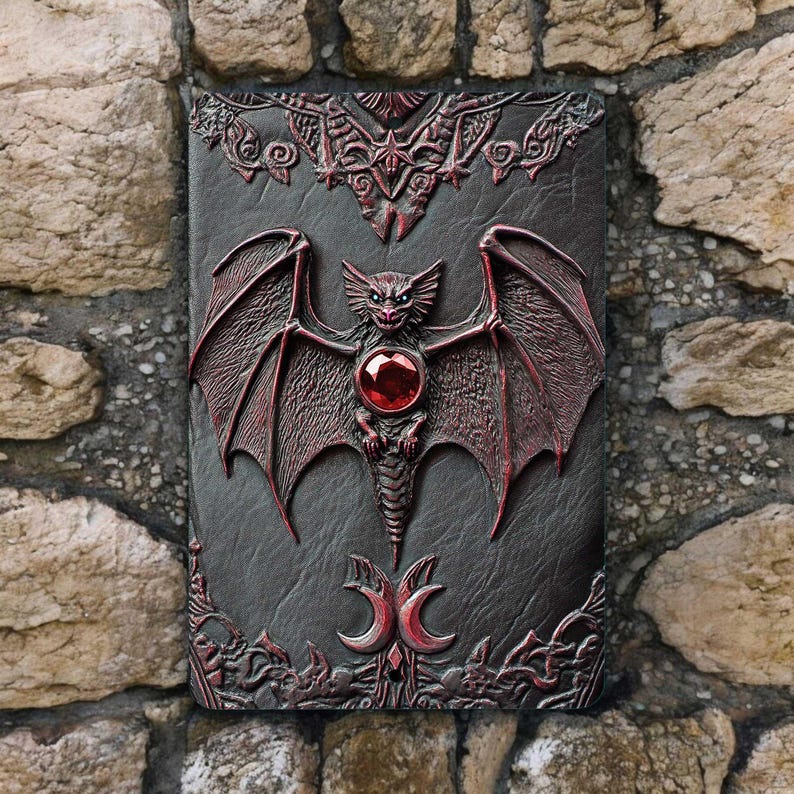 Bat Metal Wall Sign – 8x12 Gothic Red Moon Decor, Fantasy Vampire Wall Art