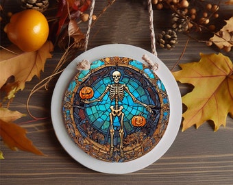 Halloween Skeleton Mini Sign or Large Ornament  - 4.8 inches Round - Wood and Aluminum - All Hallows Eve Decorations - Tree Ornament
