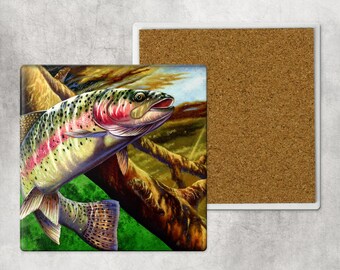 Rainbow Trout Coasters, Rustic Cabin Square Absorbent Table Coaster Sets, Sandstone Ceramic