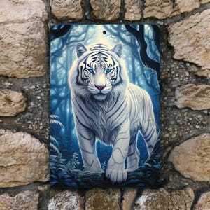 White Bengal Tiger Metal Sign: Rustic Wildlife Wall Art