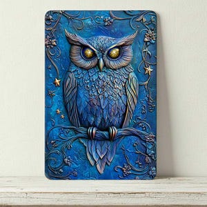Blue Owl Metal Sign - Celestial Owl Wall Art - Mystical Nocturnal Decor 8x12