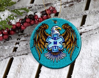 Porcelain EMT Christmas Tree Ornament, Emergency Medical Team Unique with Shield and Eagle