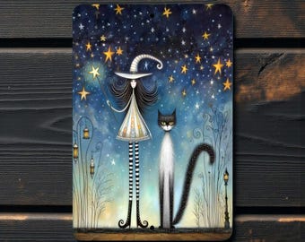 Whimsical Witch and Cat Halloween Metal Sign - Spooky Home Decor