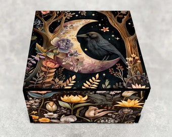 Whimsical Woodland Crow Decorative Stash box - Laser Cut Hardboard Wood - Keepsake Box - Animal and Nature Lover Gifts - Unique Gift Boxes