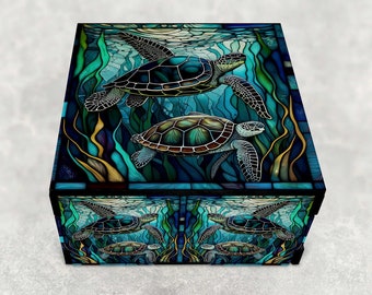 Turtle Stash Box with Lid - Laser Cut Decorative Hardboard Gift Box - Keepsake Gifts - Jewelry Box - Unique Gifts - Faux Stained Glass