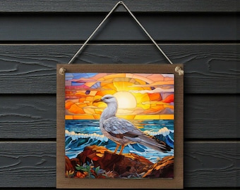 Seagull Wood Sign, Coastal Nautical Wall or Door Decor, Large 8.5 inch