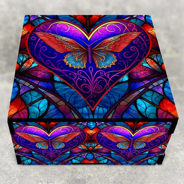 Butterfly Heart Decorative Stash Box - Laser Cut Wood - Storage Keepsake Box - Purple, Pink Red Heart Box - Personalized Options - Gift Box