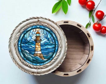 Lighthouse Wood Gift Box-  Laser-Cut, Nautical Keepsake Box 5 inch