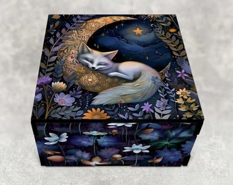 Moon Fox Whimsical Woodland Decorative Stash box - Laser Cut Hardboard Wood - Keepsake Box - Animal and Nature Lover Gifts - Spirit Totem