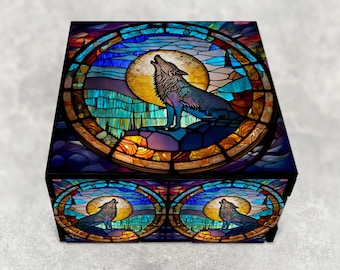 Stained Glass Themed Wolf Stash Box with Northern Lights Design - Laser Cut Decorative Wood Box - Keepsake Gifts - Personalized Available #4