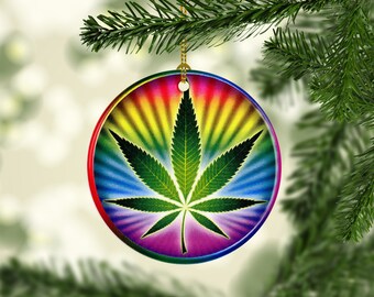 Marijuana Porcelain Pot Leaf Christmas Tree Ornaments, Psychedelic Pot Leaf , Rainbow Tie Dye Porcelain Stoner Keepsake Ornament Gifts