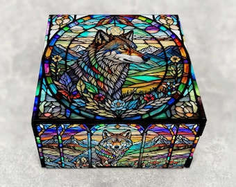 Stained Glass Themed Wolf Stash Box with Rustic Mountain Design - Laser Cut Decorative Wood Box - Keepsake Gifts - Personalized Available