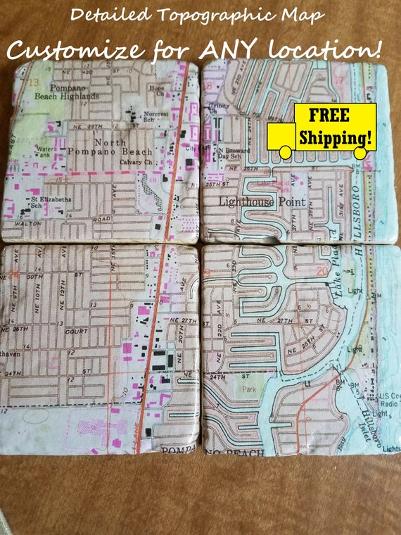 Map Art Map Gifts Custom Map Coasters Topographic Map Coasters Custom Coasters Personalized coasters Wedding Gift Stone coasters