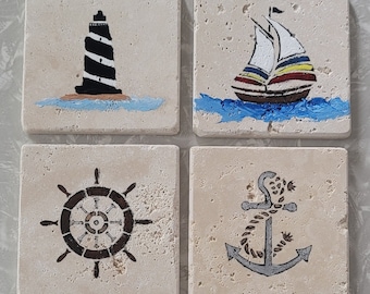 May include: Set of four square ceramic coasters with nautical themed designs. The coasters feature a lighthouse, a sailboat, a ship's wheel, and an anchor.