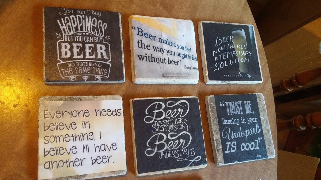 Set of 4 Novelty Beer Slogan Coasters Man Cave Gift Coffee Table Mat Gold White 