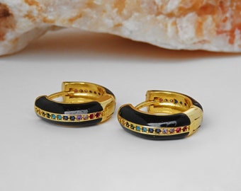 Midnight rainbow mini hoops, gold earrings, colorful earrings, zircon earrings