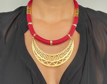Handmade Burgundy Rope Necklace, Gold Greek Key Pendant