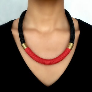 Handmade Statement Necklace in Black Rope and Red Suede, Light and Modern, Unique Gift for Her, Customizable Length