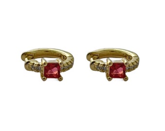 Dainty Gold and red Zircon Huggie hoop earrings, timeless and classic 18k gold plated jewellery