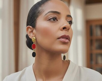 Gold Plated Ruby Red Drop Earrings, Handmade Statement Jewelry, Modern Chic Design