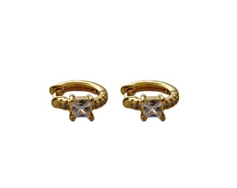 Dainty Gold and Zircon Huggie hoop earrings, timeless and classic 18k gold plated jewellery