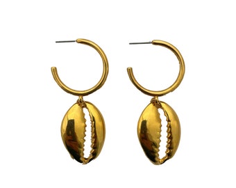 Boucles d'oreilles cauris, boucles d'oreilles dorées, bijoux modernes pour femme, cadeau pour femme, 24K plaqué or