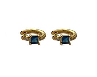 Delicate gold hoop earrings with blue zircons, timeless and classic 18k gold plated jewelry