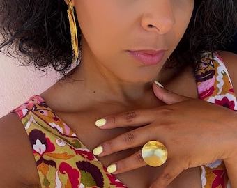 Adjustable Gold Plated Brass Statement Ring, Modern Sculptural Open Ring