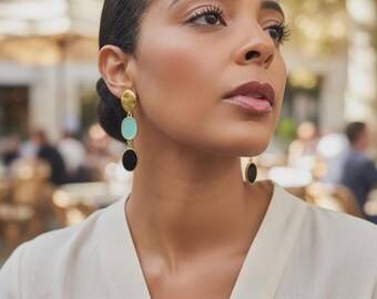 Gold Plated Turquoise Black Drop Earrings, Mayfair Statement Jewelry, Modern Enamel Design