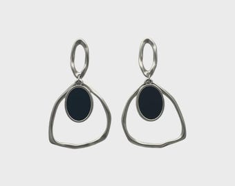 Silver Plated Black Statement Earrings, Soho Noir Argent Handmade Drop Earrings, Gift for Her, Bold Minimal Modern Jewelry Chic