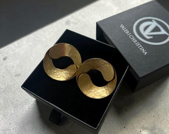 Hammered Gold Statement Stud Earrings, Modern Geometric Brass Jewelry (3.5 cm)