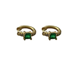 Dainty Gold and Green Zircon Huggie hoop earrings, timeless and classic 18k gold plated jewellery