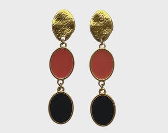 Gold Plated Salmon Red & Black Drop Earrings, Mayfair Salmon Noir Handmade Statement Earrings, Gift for Her, Elegant Modern Jewelry