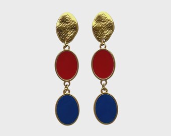 Gold Plated Colorful Drop Earrings, Mayfair Rouge Azure Handmade Statement Earrings, Gift for Her, Elegant Modern Jewelry Chic
