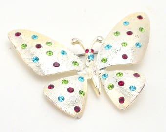 Vintage Butterfly Brooch, Colorful Rhinestone Brooch, Novelty Pin Costume Jewelry, circa 1980s