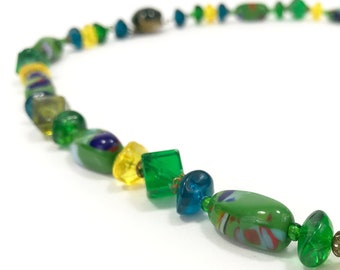 Vintage Beaded Necklace, Swirled Green Art Glass and Plastic Beads, West Germany, circa 1960s