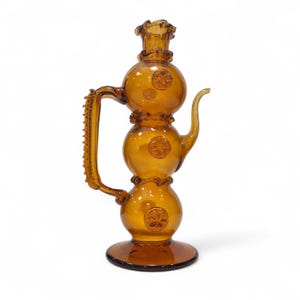 Antique 11″ Amber Hand-Blown Art Glass Ewer – Moser Style, Victorian Era Pitcher, Multiple Pontil Spots