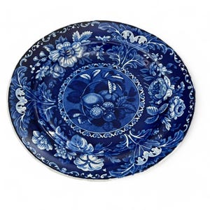 Antique 1820s Fruit and Flowers Blue Transfer Plate, 8.5&quot; Stubbs & Kent