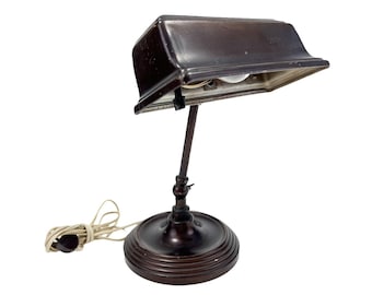 Vintage Emeralite Adjustable Banker's Desk Lamp, Metal Shade, Works, Industrial