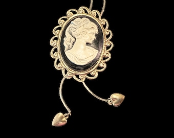 Vintage Black White Resin Cameo Bolo Style Necklace, Dangling Heart Charms