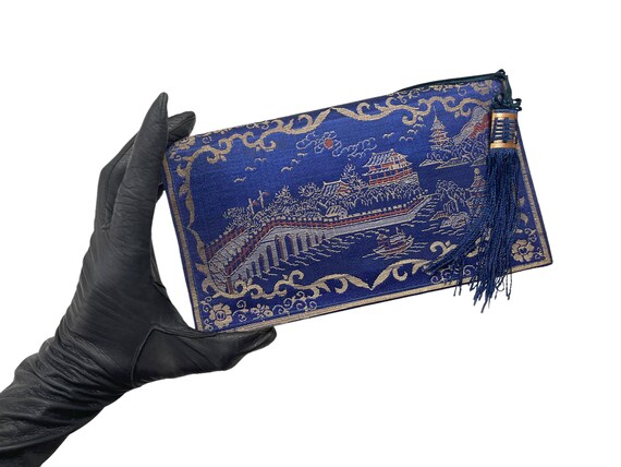VTG Chinoiserie Blue Silk Brocade Clutch Purse or… - image 3