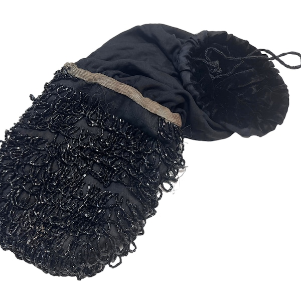 Vintage Black Velvet Beaded Reticule Purse, AS IS, For Craft or Repair