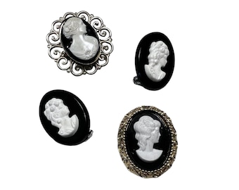 Lot of 4 Vintage Cameo Brooch Pins, Black White Plastic