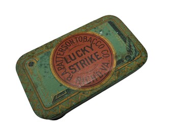 Vintage R.A. Patterson Lucky Strike Tobacco Tin Box, Empty, Hinged Lid