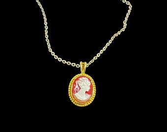 Vintage Sarah Coventry Small Cameo Necklace, Red Plastic or Resin